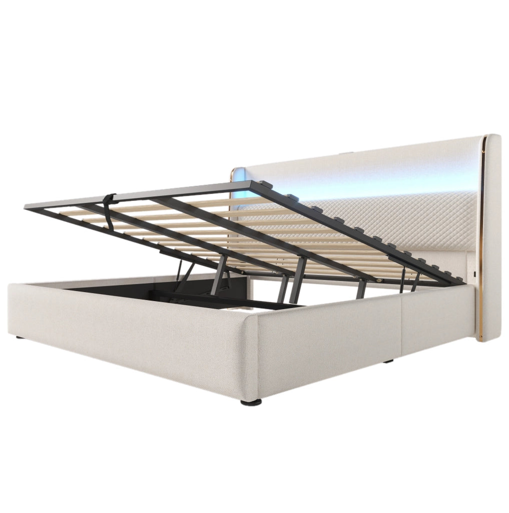 Letto matrimoniale con contenitore 180x200 cm in lino beige; testiera alta; LED e USB/Type-C