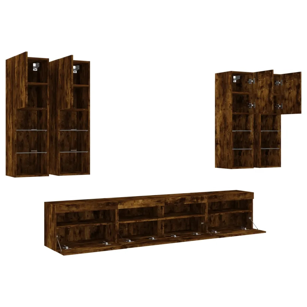 Set Mobili TV a Muro 7 pz con Luci LED Rovere Fumo