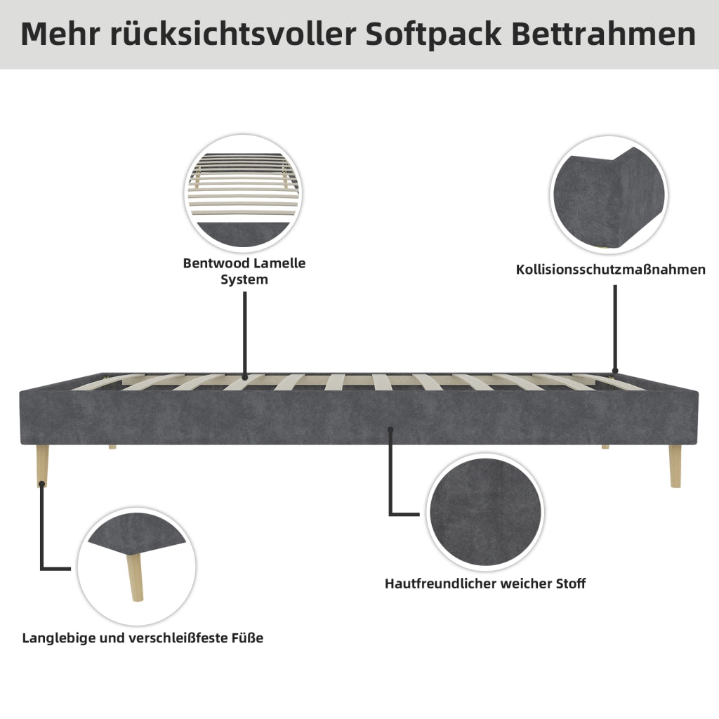 Letto Singolo 90x200 cm; Struttura in Tessuto e Metallo; Grigio; Design Moderno