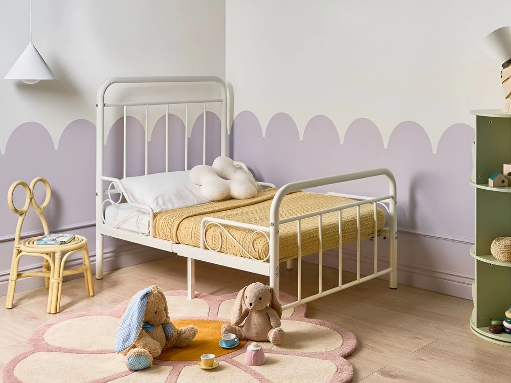 Letto estensibile in ferro per bambini 90 x 130/160/200 cm con rete a doghe bianco sporco stile moderno