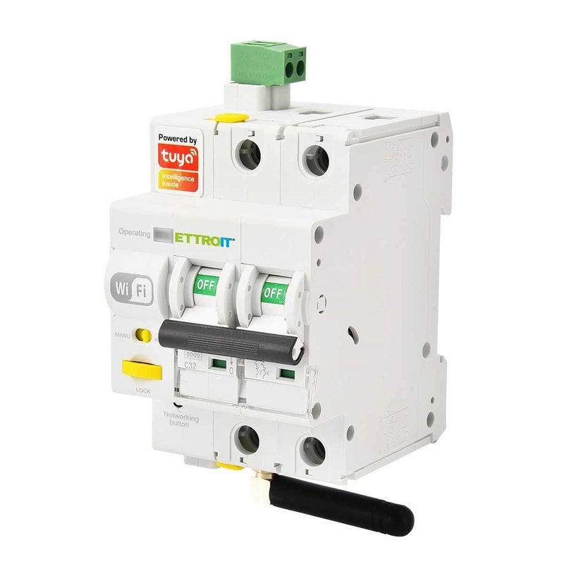 Interruttore Magnetotermico Smart WIFI 2P 32A App TUYA Occupa 3 Moduli DIN