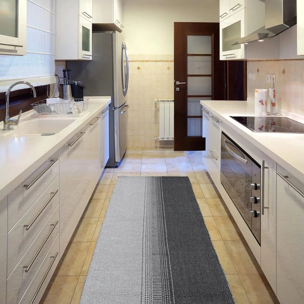 Tappeto Cucina Bagno Puro Cotone Assorbente Tessuto Intrecciato a Mano Grigio 55x140 cm