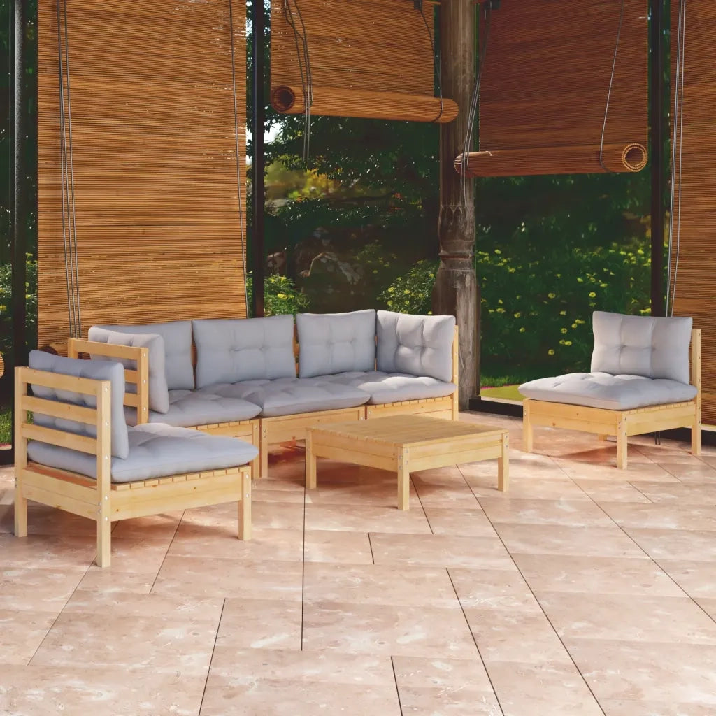 Set Divani da Giardino 6 pz con Cuscini Grigi Massello di Pino cod mxl 42067