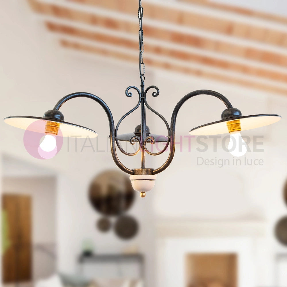 PIATTO Lampadario 3 Luci in Ferro Piatti Smaltati Nero/Bianco
