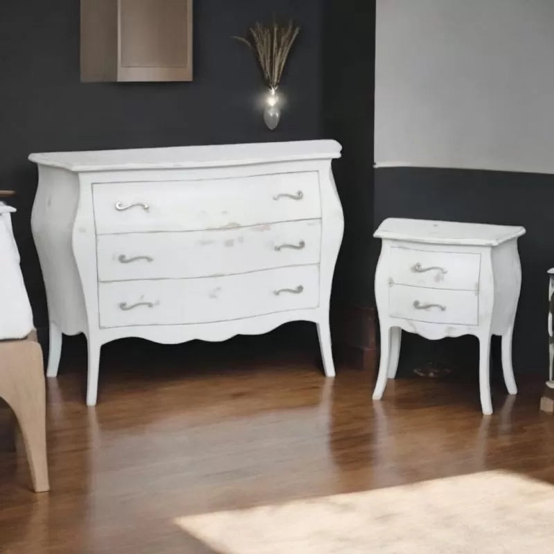 Gruppo 1 cassettiera 2 comodini bombati legno shabby bianco consumato - Mobili 2G