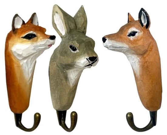 Kastello con 3 ganci a muro, cappe a muro in legno di bosco: cervo, volpe e lepre, con ganci metallici manufatti a mano 12cm