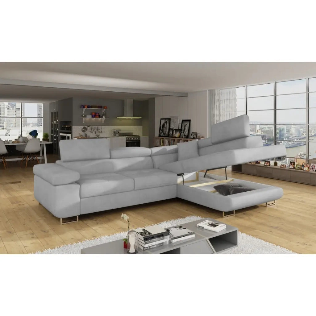 Divano angolare convertibile MENTON grigio velluto – Angolo destro con contenitore