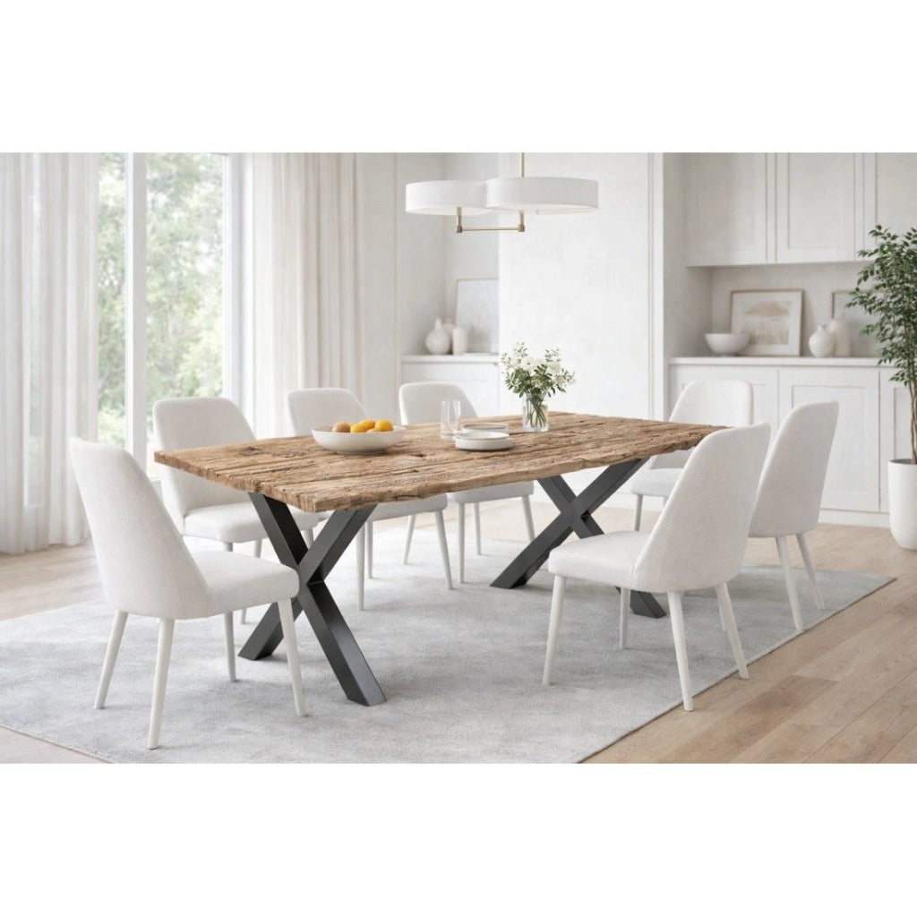 Tavolo da pranzo RAFTA 220 cm – Piano in legno massiccio di teck – Gambe a X in metallo nero