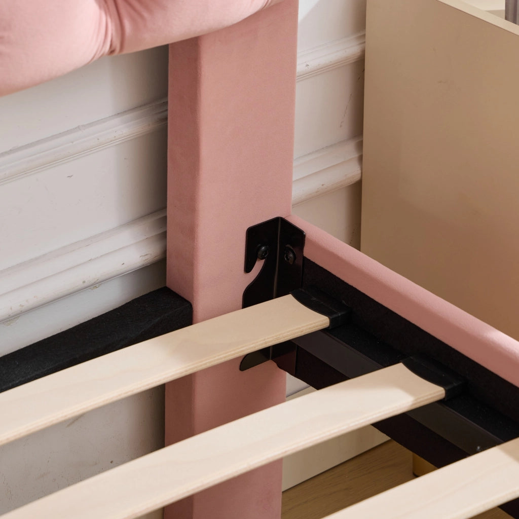Letto Singolo Imbottito con Testiera Regolabile ¨C MINIMAL ¨C Velluto Rosa, Doghe in Legno, 90x200