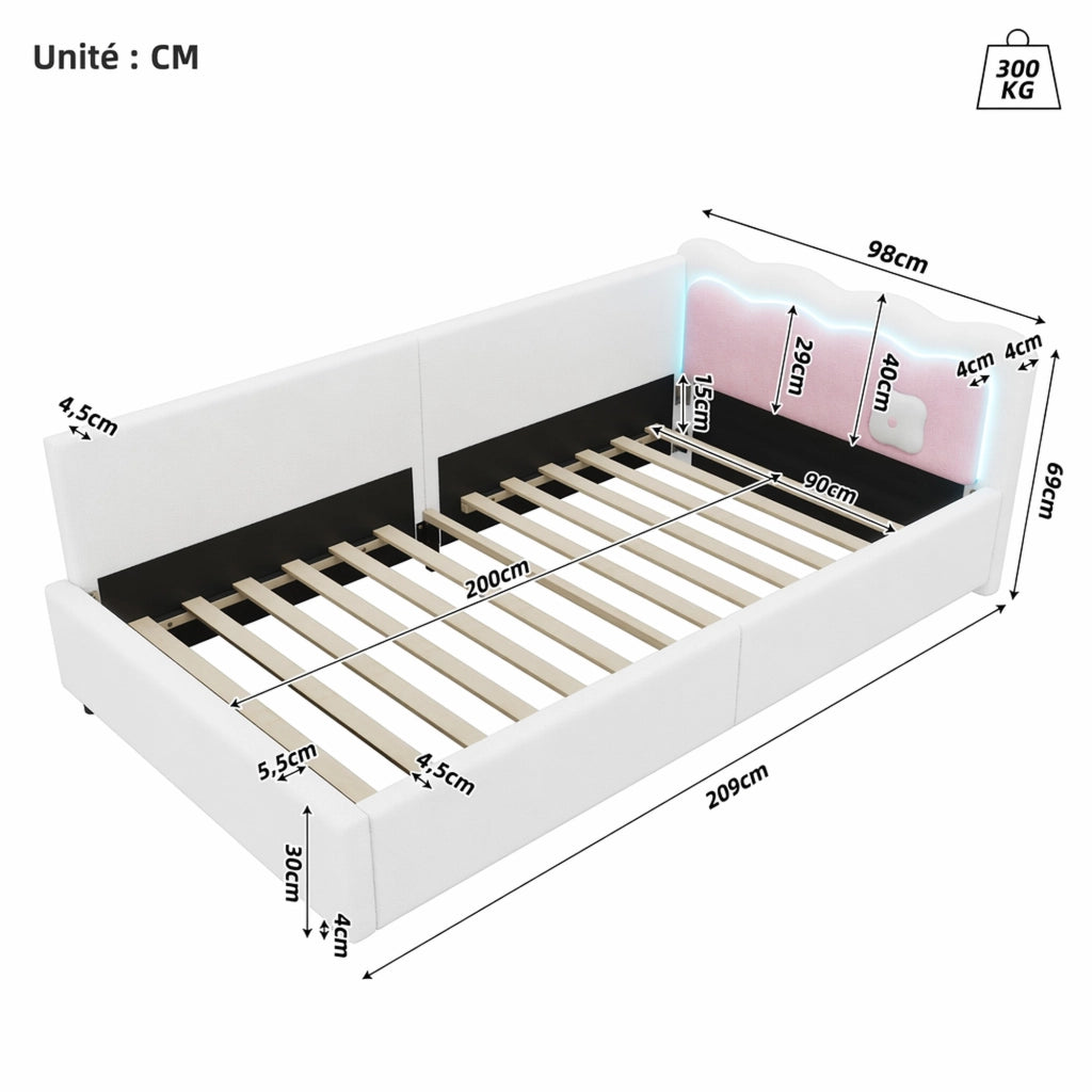 DESMIU Letto a giorno 90 × 200 cm 1 posto con LED regolabile, senza materasso, in velluto e MDF, bianco