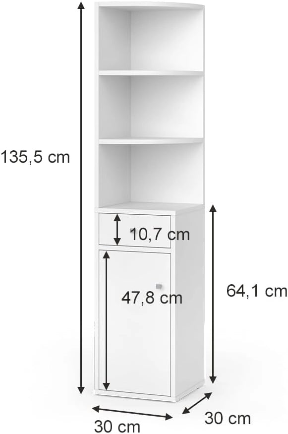 Scaffale d'angolo Larry, Bianco, 30 x 135.5 cm con anta e cassetto, per riporre libri e decorazioni negli angoli