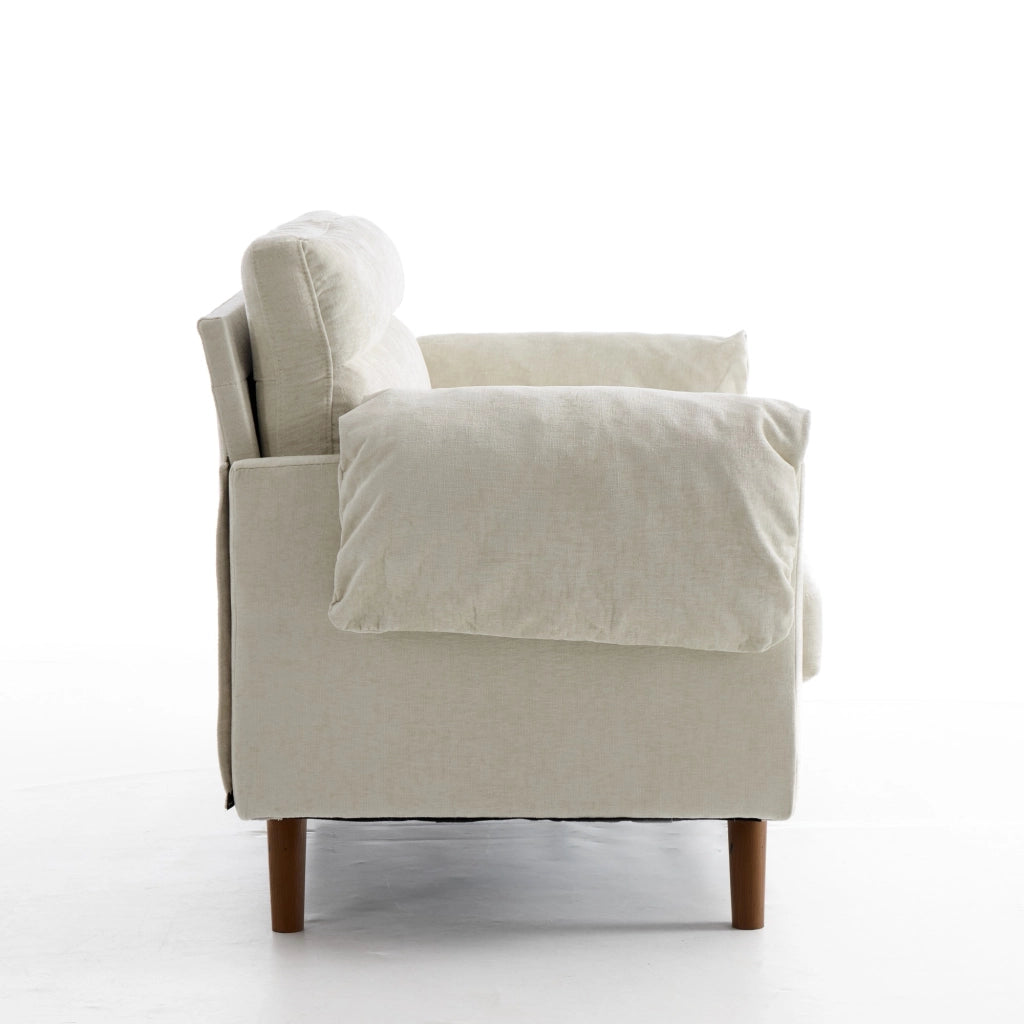 Divano a 2 posti in ciniglia con cuscini imbottiti e gambe effetto legno salvaspazio per soggiorno e piccoli spazi beige
