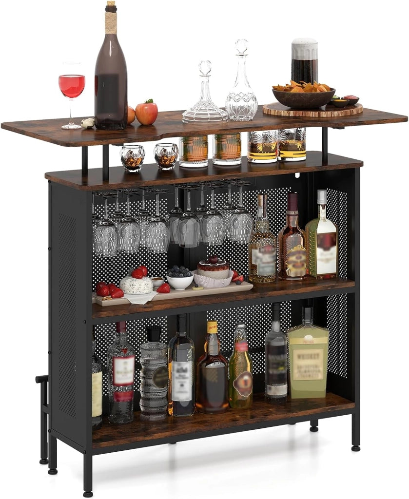 Mobile Portabottiglie a 4 Livelli, Portabottiglie per Vino da Terra con 2 Ripiani Porta Vini e Porta Calici, per Cantine, Sala da pranzo e Cucina (Naturale, 120 x 50 x 106,5 cm)