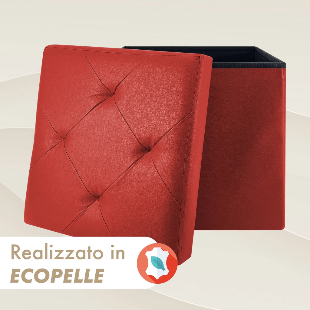 Pouf Poggiapiedi In Ecopelle 2 In 1 Contenitore 38x38Cm Quadrato Salotto Sgabello Camera Soggiorno Portaoggetti Design Moderno Complemento D'arredo Portaoggetti Panca Ingresso  Bordeaux