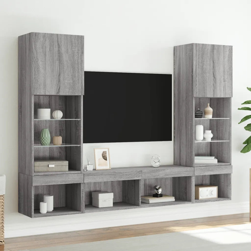 Mobili TV a Muro con LED 5pz Grigio Sonoma in Legno Multistrato 3216695