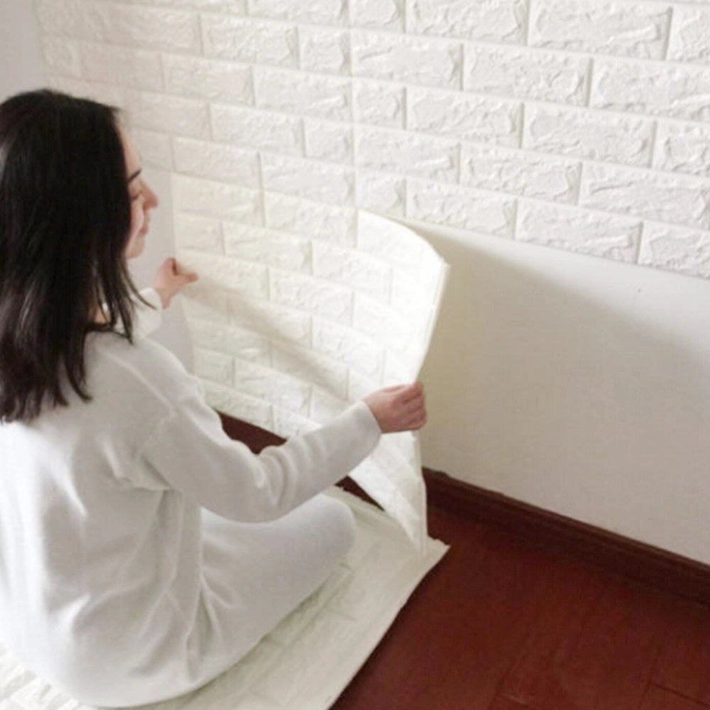 Trade Shop - Pannello Adesivo Per Parete Decorazione Effetto Pietra Muro 3d 70 X 60 Cm Bianco -