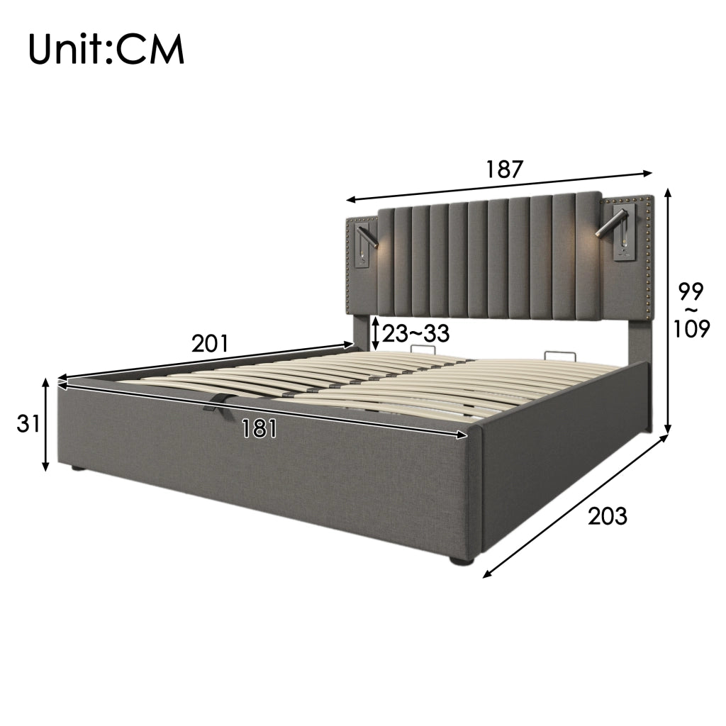 Letti contenitori 180x200 cm; testiera regolabile con luce e USB; cotone grigio (Senza materasso)
