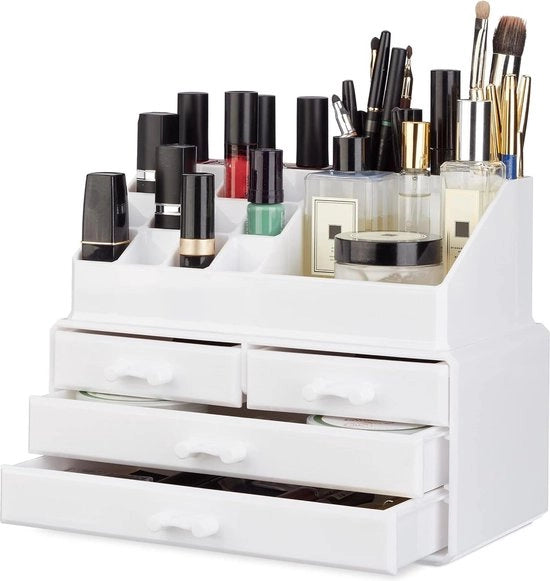 Organizzatore di 20 contenitori per cosmetici - 4 contenitori per labbra - supporto per matite - acrilico - scatola di conservazione per cosmetici - bianco