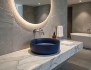 Lavabo tondo da appoggio senza troppo pieno in ceramica senza foro rubinetto - Blu Opaco