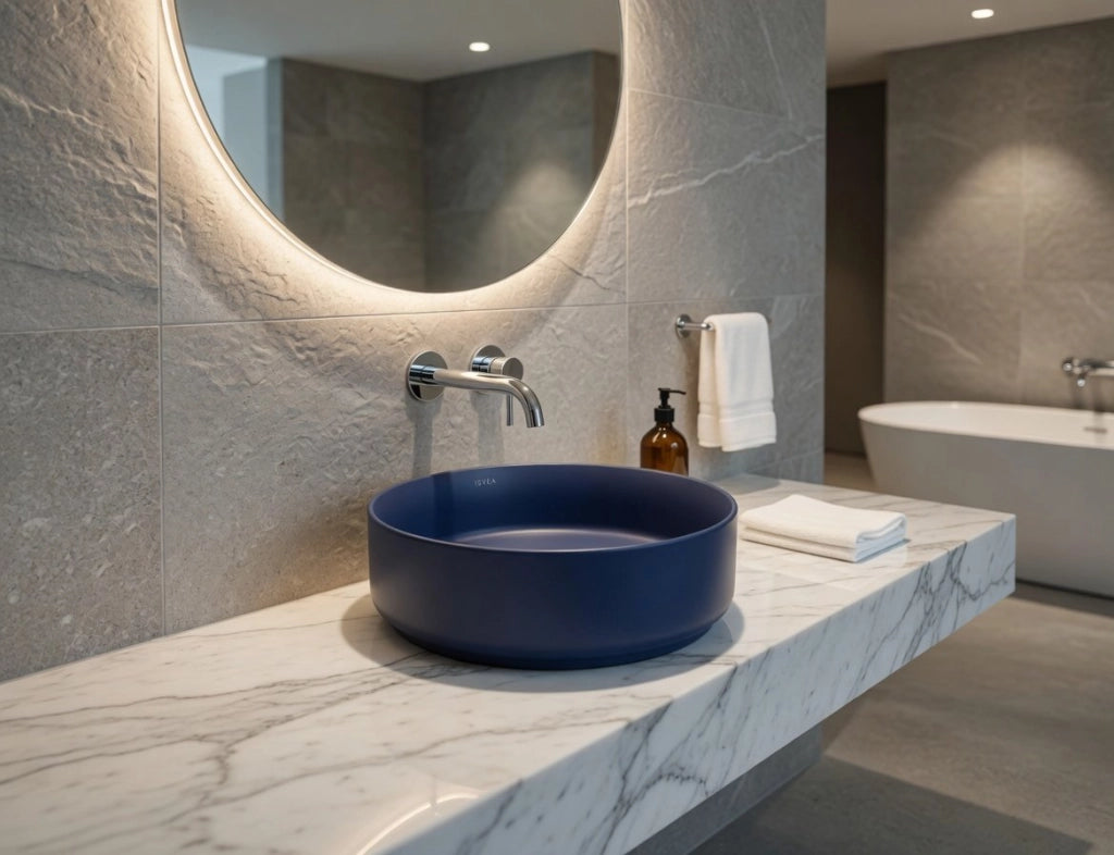 Lavabo tondo da appoggio senza troppo pieno in ceramica senza foro rubinetto - Blu Opaco