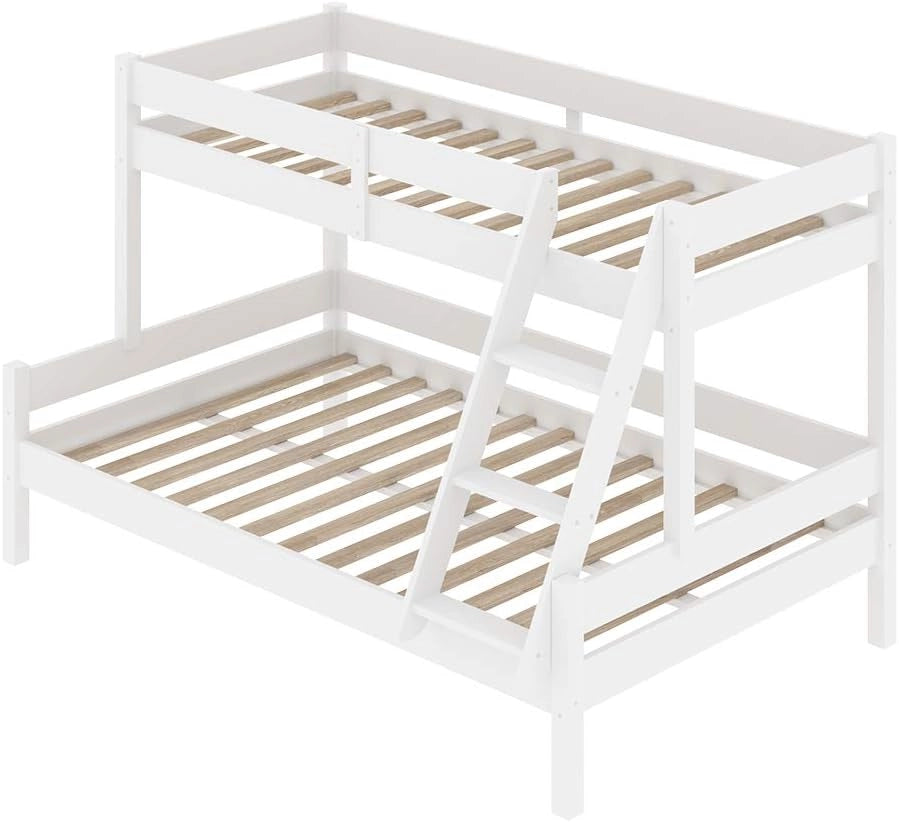 Letto a castello Everest, Legno naturale, 120x200 / 80x200 cm con 2 materassi e 2 cassetti, con scala integrata e sistema di doghe stabile