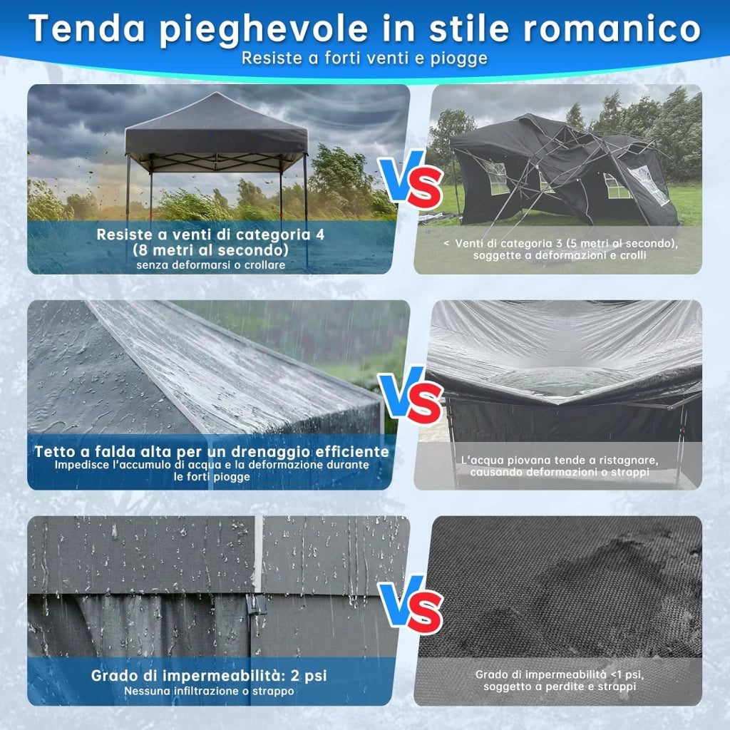 Gazebo 3 x 3 impermeabile, stabile, resistente all'inverno, altezza regolabile, gazebo pieghevole con 4 pareti laterali, protezione UV 50 +, per giardino, cortile, campeggio, gazebo nero