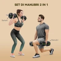 Set 2 in 1 con 2 Manubri Convertibili in Bilanciere, Peso Totale 30 kg e Dischi Pesi Regolabili, Nero