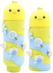 Etui in silicone con uccellini, scelta tra 18 disegni, borsa 2 in 1 morbida, 18,5 cm alta, con cerniera e espandibile, borsa per bambini (gialla)