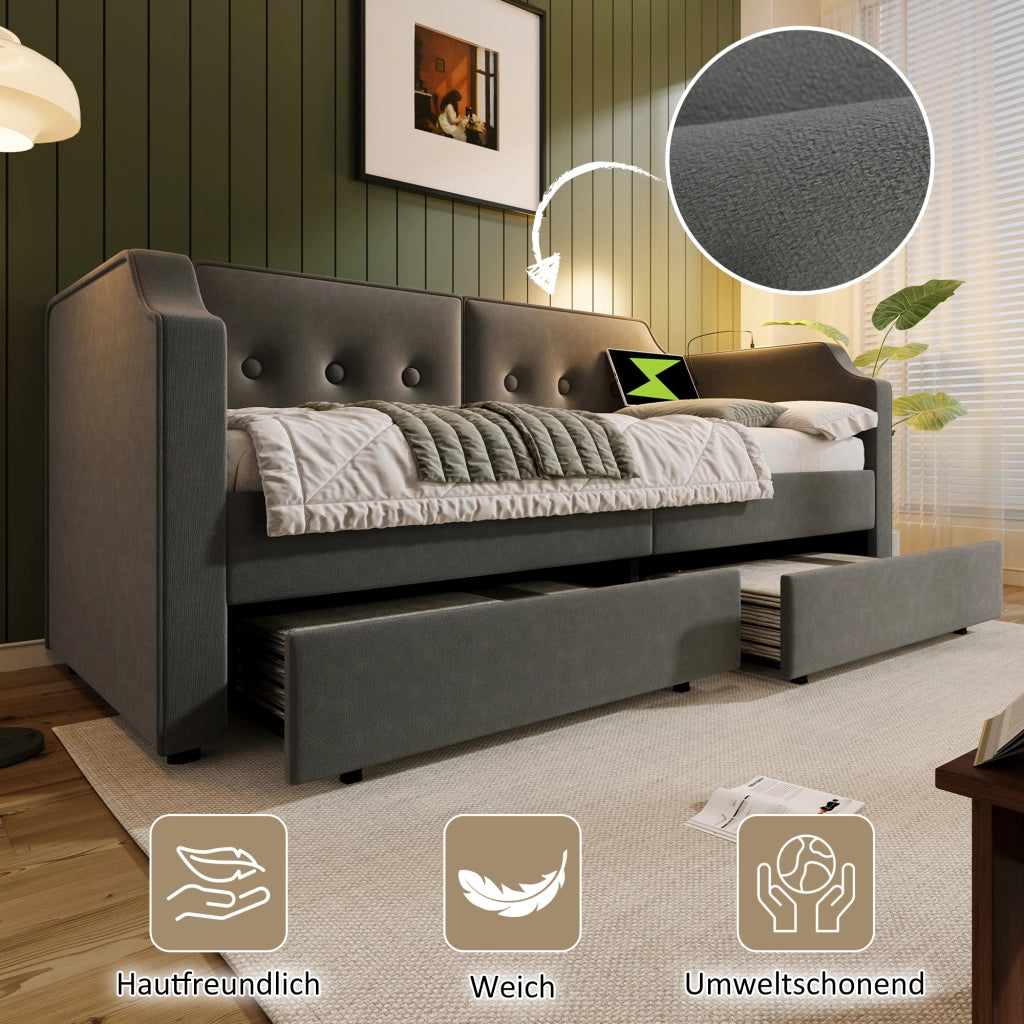 LETTO 90x200 cm in velluto grigio con 2 cassetti, USB Type-C e lampada da lettura
