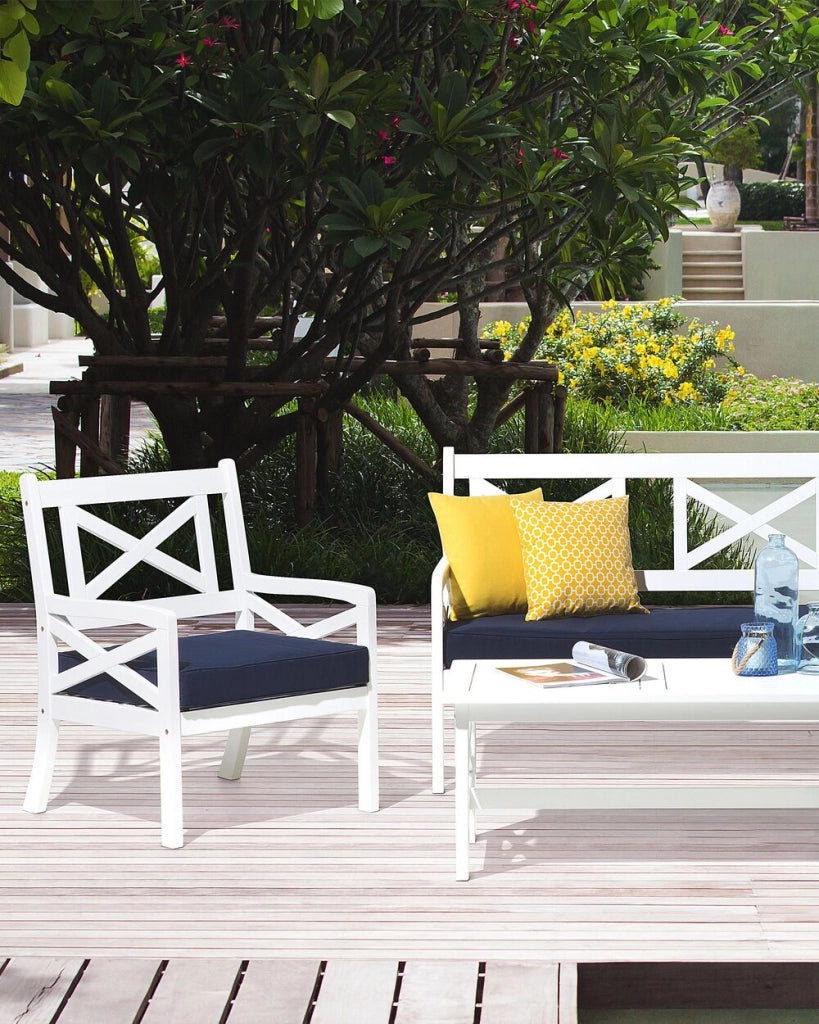 Sedia da Giardino in Legno di Acacia Bianco con Cuscino di Seduta Blu costiero