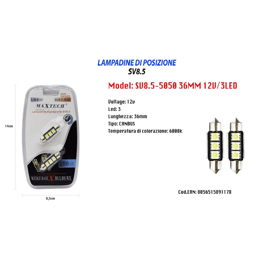 Trade Shop - Lampadine Di Posizione Maxtech Sv8.5-5050 12v 3led 36mm Lampadine Ultra Luminose -