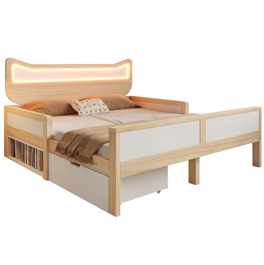 Letto per bambini 140x200 cm con testiera a forma di gatto; LED RGB; legno bianco e rovere