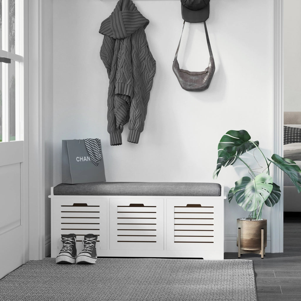 Panca Scarpiera con 3 Cassetti e Cuscino ¨C Zephmum ¨C Bianco 108x35x43 cm
