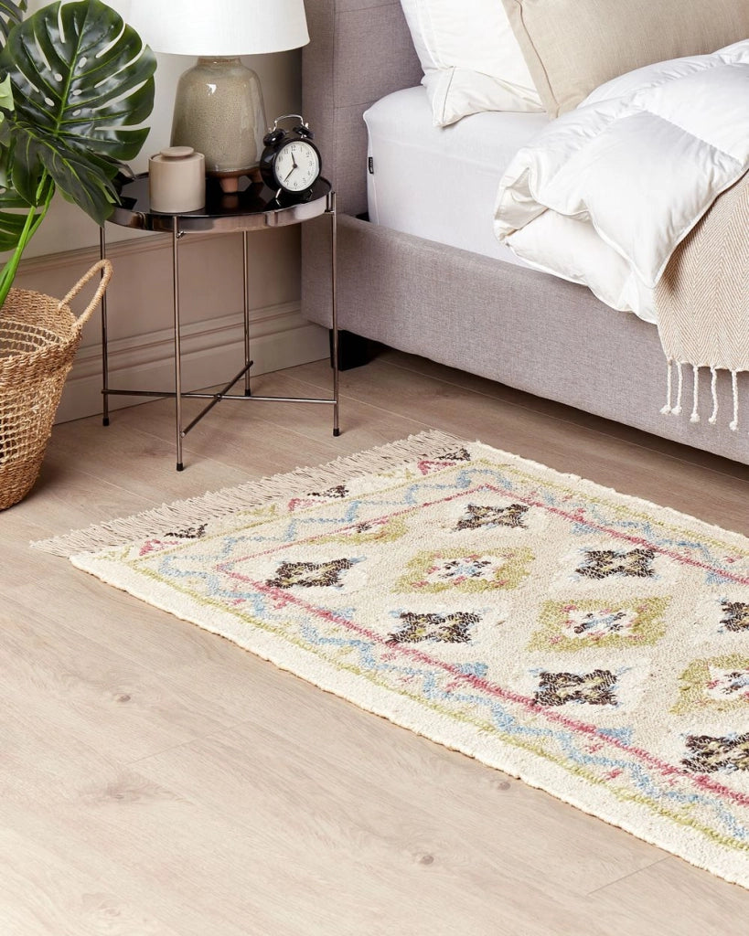 Tappeto in iuta beige multicolore 80 x 150 cm fatto a mano con nappe soggiorno camera da letto