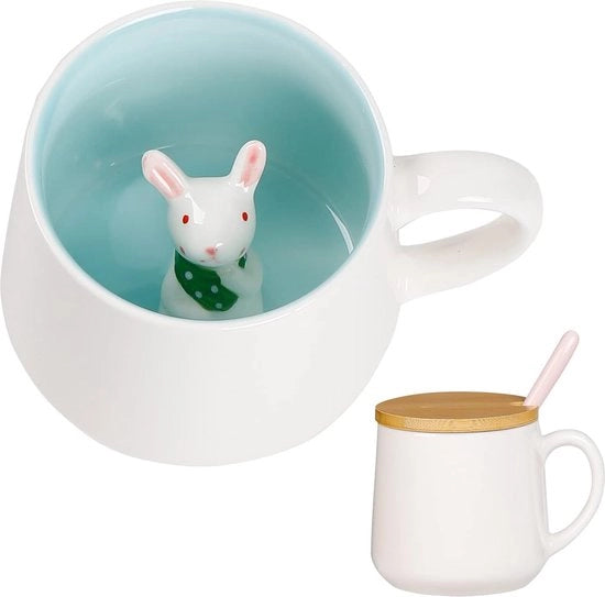 Ceramiche con forma di coniglio con coperchio, cucchiaio e tazze personalizzabili, ideali come regalo per donne, tazze da caffè in porcellana 3D