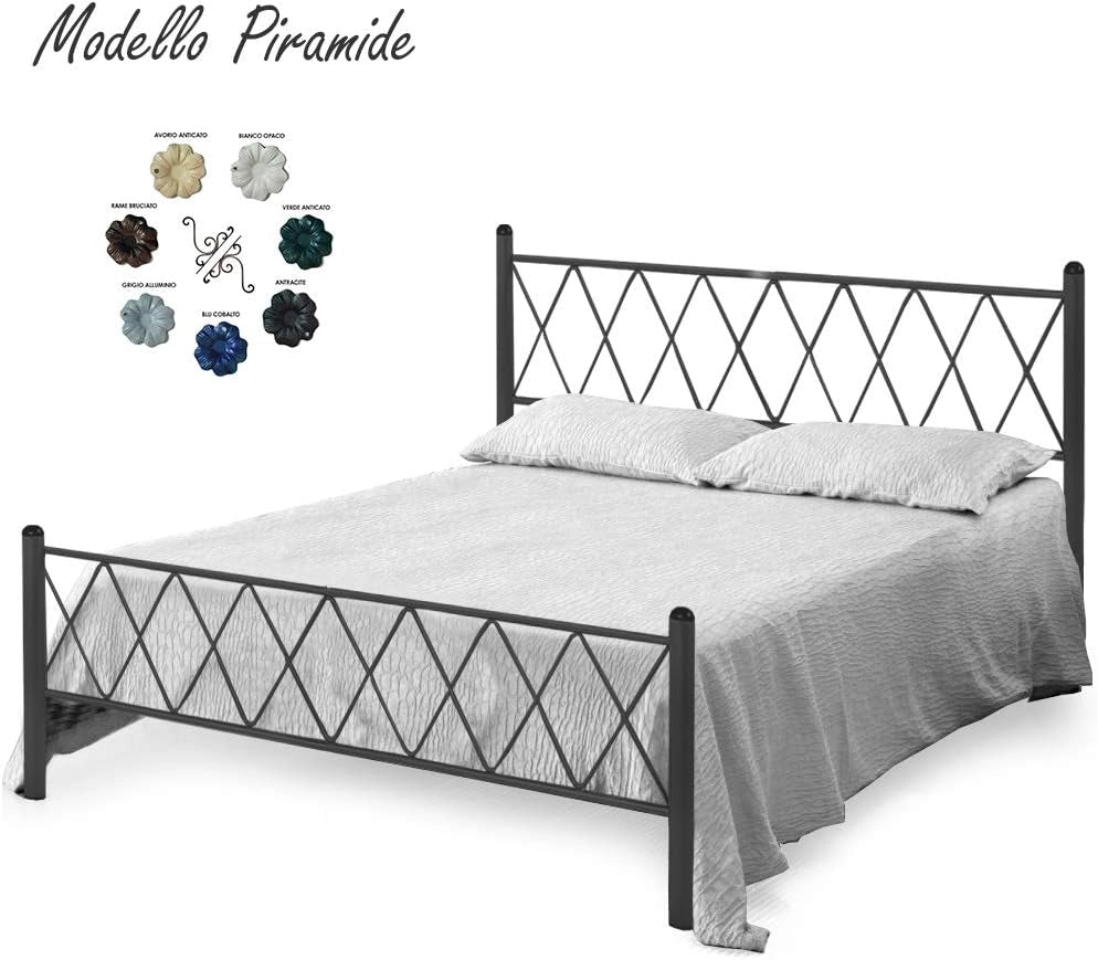 Letto in Ferro Battuto Moderno matrimoniale PIRAMIDE cm 160x190 Artigianale colore Grigio