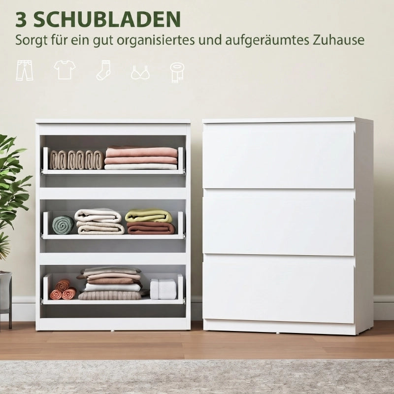 Comò con 3 cassetti senza maniglie e finitura opaca per camera da letto, bianco, 75 × 55 × 34 cm