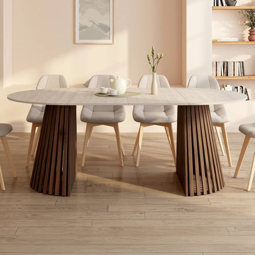 IDMarket - CARMEN tavolo da pranzo rotondo allungabile 4-10 persone con gambe a doghe in noce e piano effetto travertino 110-200 cm