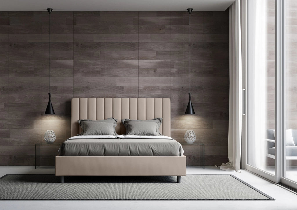 Letto matrimoniale francese senza rete imbottito 140x210 similpelle cappuccino Agueda