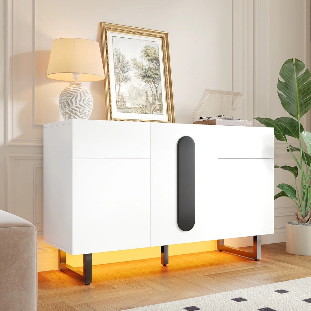 Credenza 120 cm con Cassetti e Ante ¨C MINIMAL ¨C Bianco con Maniglie Nere e Gambe in Metallo