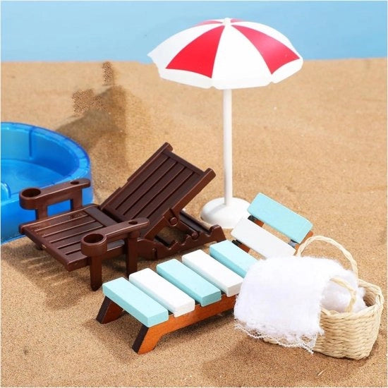 Miniature paesaggi di spiaggia - 5 pezzi accessori paesaggio di spiaggia miniatura - ombrellone, sdraio - regali di compleanno - micro paesaggio DIY per giardino