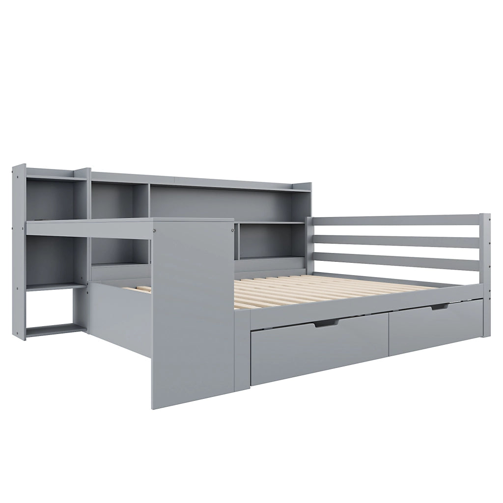 Letto divano 140 × 200 cm con scrivania, scaffali, 2 cassetti, prese USB e contenitore, senza materasso, grigio