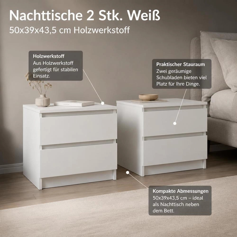 Bedside Tables, 2 Pieces, White, 50x39x43.5 Cm, Engineered Wood.
