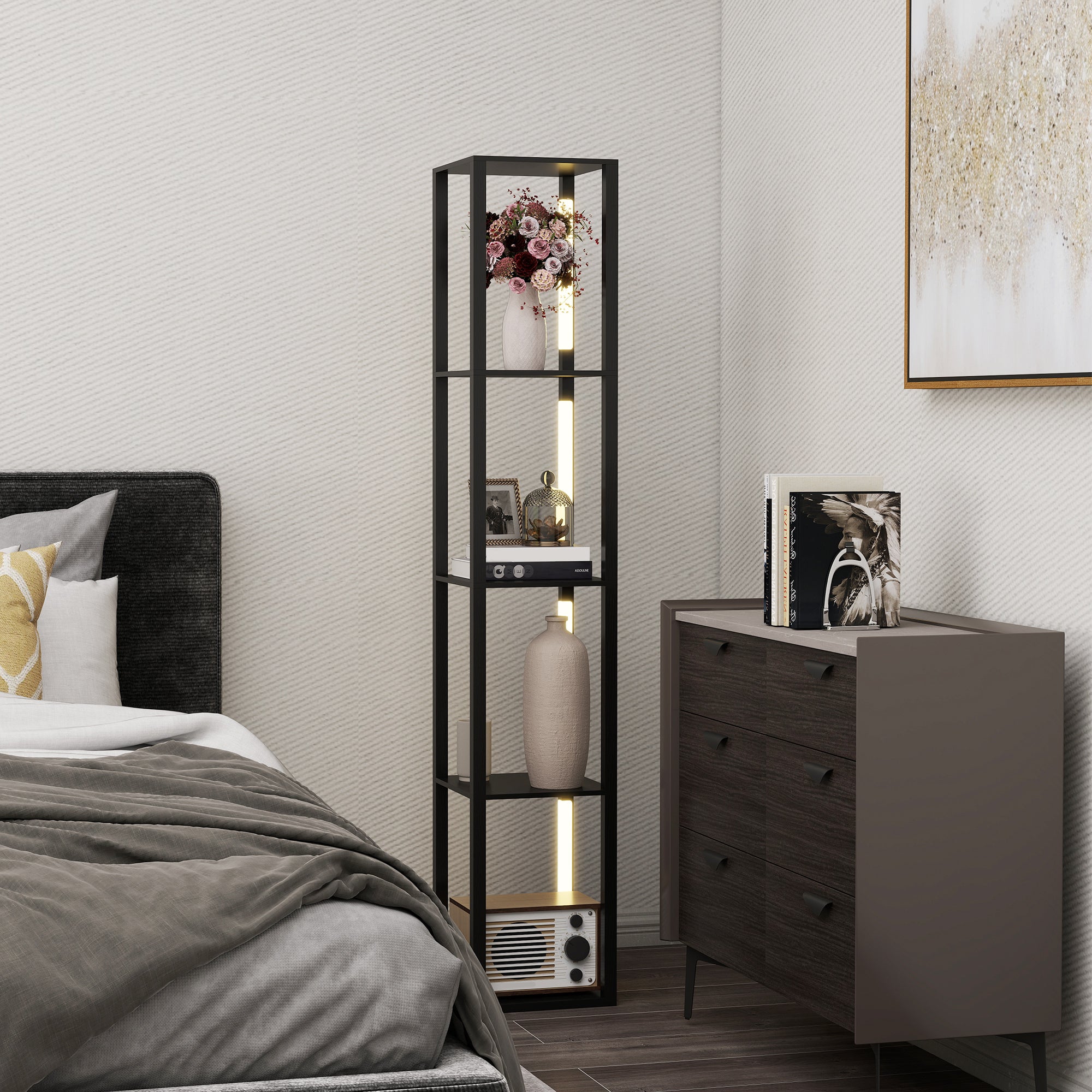 Lampada da Terra con 4 Ripiani 29x29x163 cm 3 Luminosità Regolabili e Interruttore a Pedale in MDF Nero