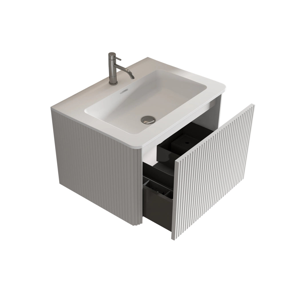 Mobile bagno sospeso ULEVR 60 cm con lavabo in solid surface, cassetto push-to-open e design scanalato bianco