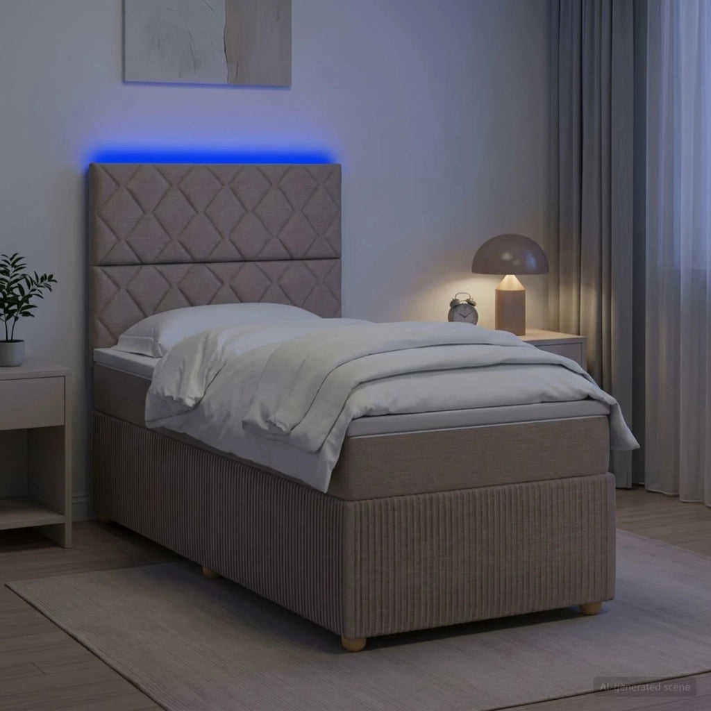 Letto Box Spring LED con Materasso Tortora 90 x 200 cm Tessuto 3455780