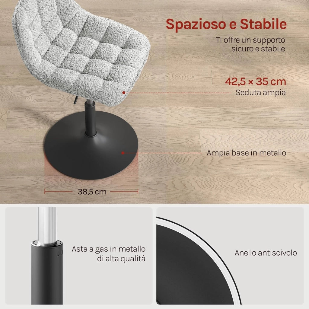 2 x Sgabelli per Toeletta Trucco, Sedia da Trucco con Schienale, Sgabello Regolabile in Altezza, Seduta in Ciniglia, Base in Metallo, Sgabello per Cucina, Camera da Letto, Grigio