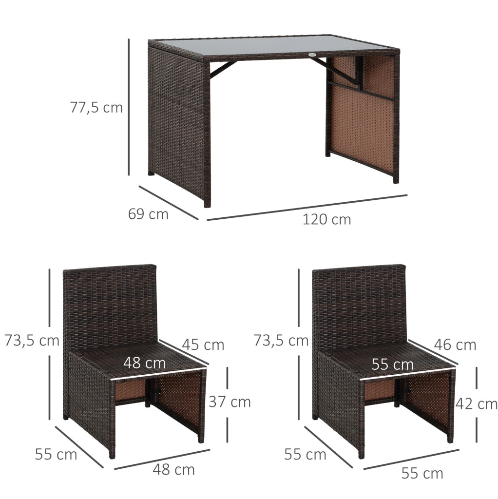 Set da giardino 5 pezzi in polyrattan con tavolo; 4 sedie pieghevoli e cuscini; marrone