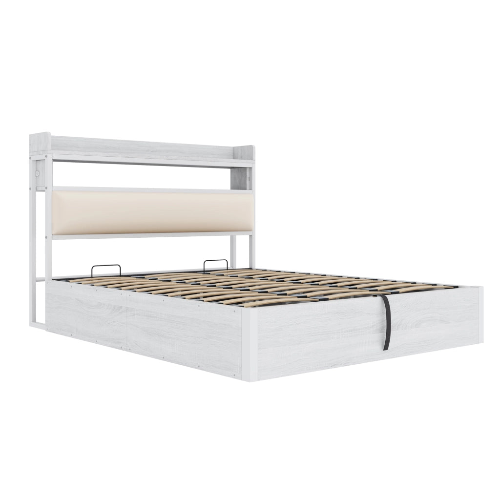 Letto Contenitore 180x200 cm; Matrimoniale - USB; Testiera con ripiano; Bianco