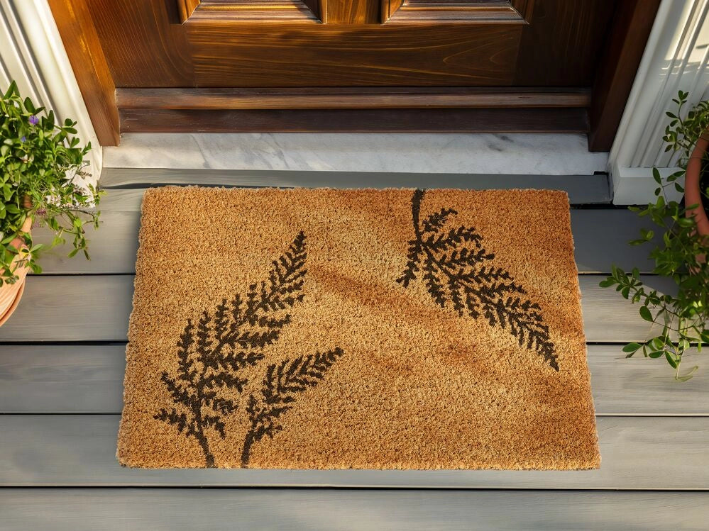 Zerbino in fibra di cocco naturale con fondo in PVC antiscivolo 40 x 60 cm motivo di foglie di felce, decorazione moderna per interni